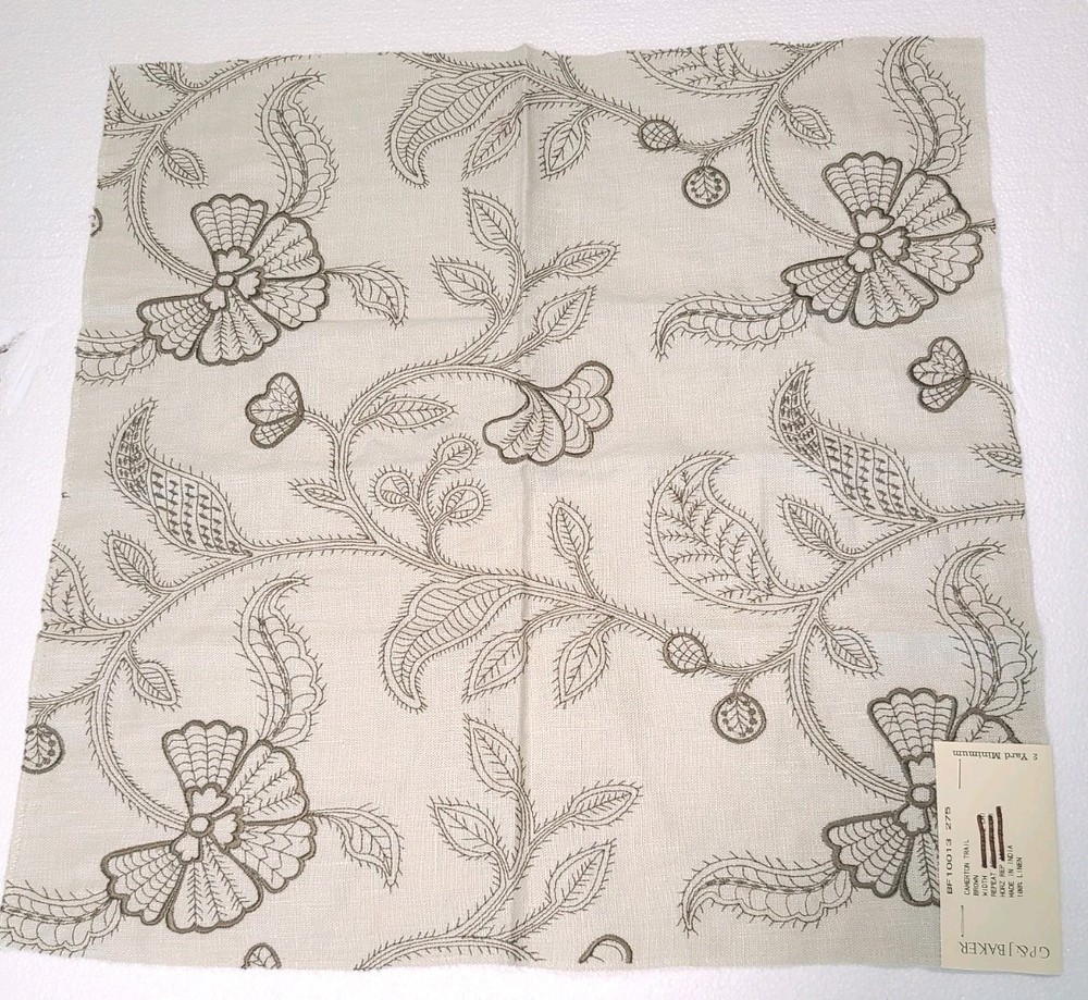 G P & J Baker Fabric Sample Linen Brown Embroidered Floral 18″ X 18″