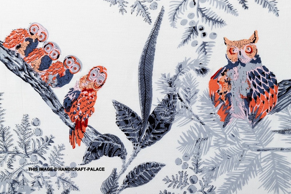 3 Yard Indian Natural Owl Bird Printed Fabric Handmade Cotton Sanganeri Print