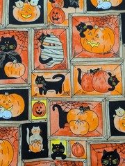 Vintage Retro Style Halloween Orange Black Pumpkin Cat Mummy Fabric 3.5 Yards