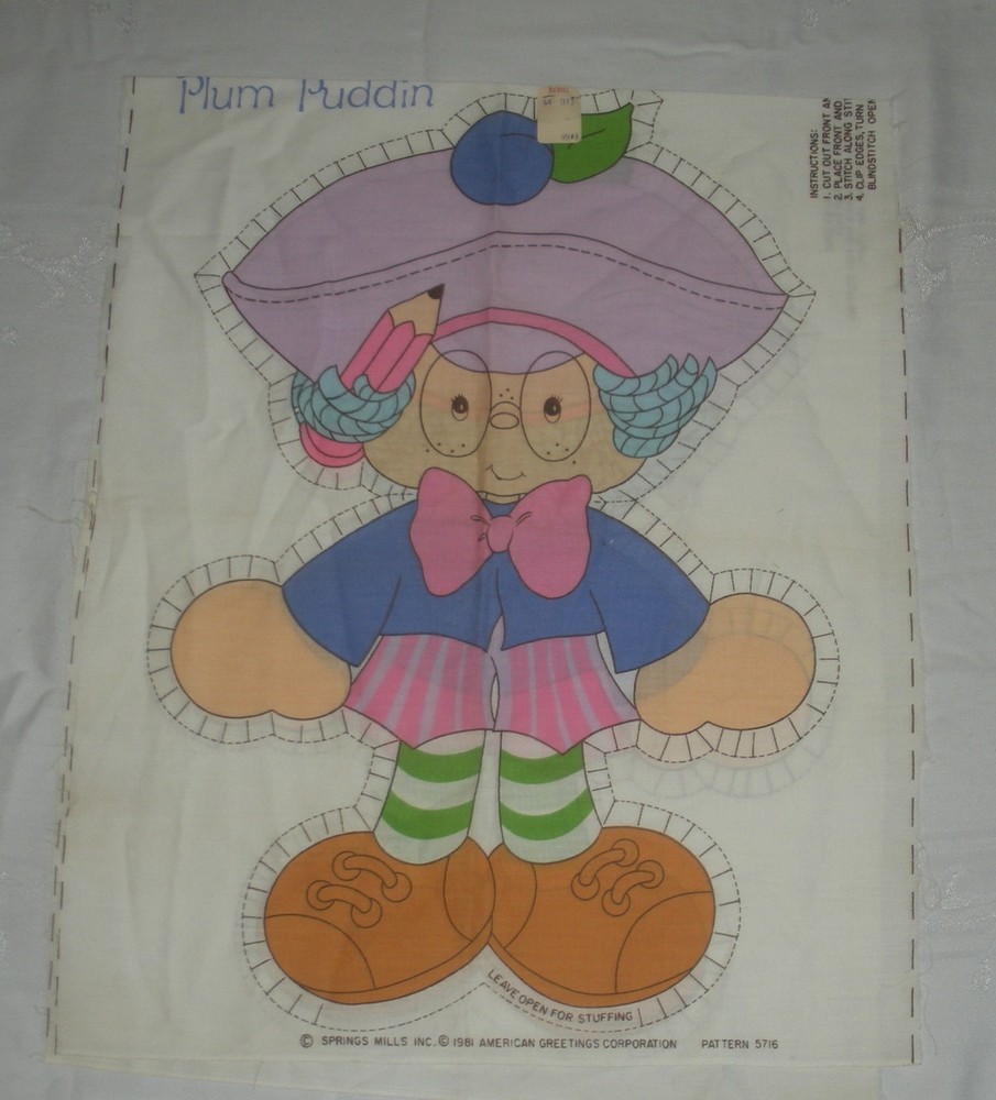 Vintage STRAWBERRY SHORTCAKE PLUM PUDDIN Fabric Cut & Sew, 18” Doll Pillow 1981