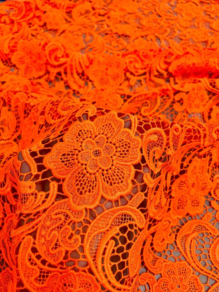 Maggie BRIGHT ORANGE Guipure Venice Heavy Lace Fabric by the Yard – 10019