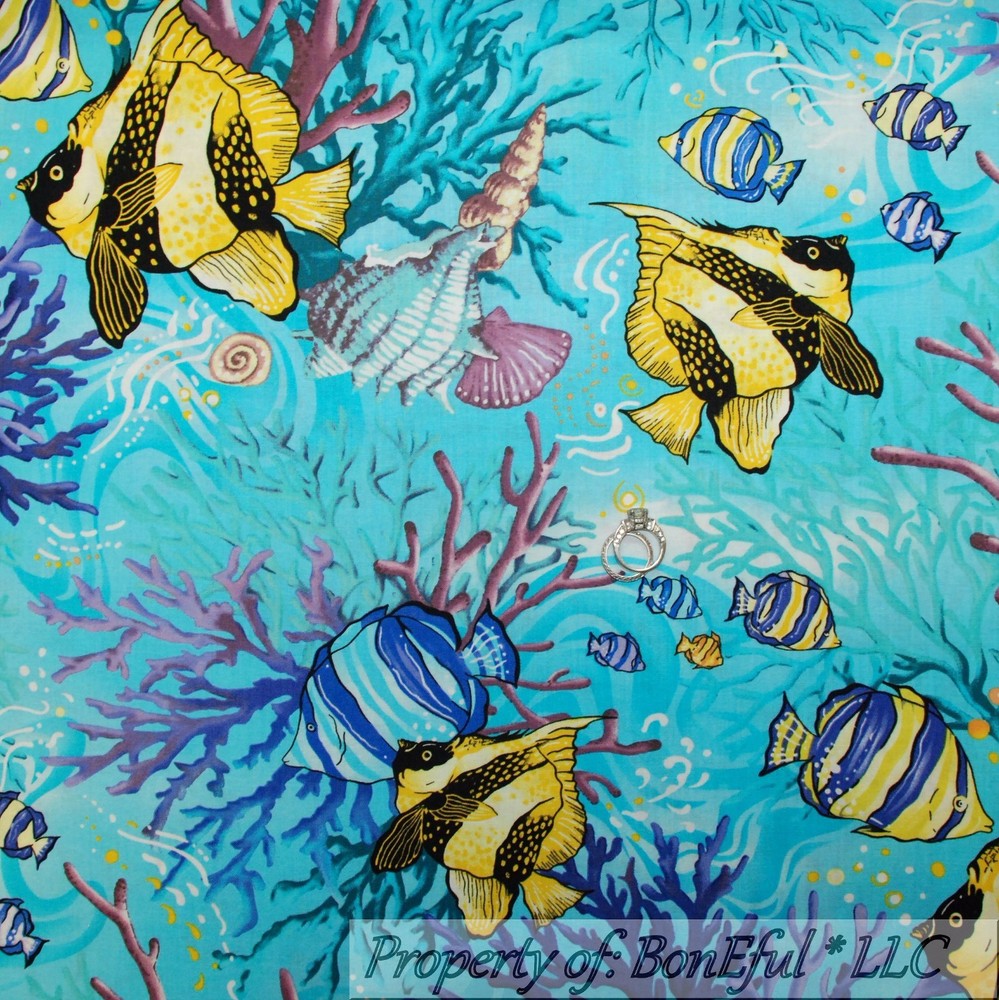 BonEful Fabric FQ Cotton Quilt Aqua Blue Scenic Water Tiger Fish Ocean Seashell
