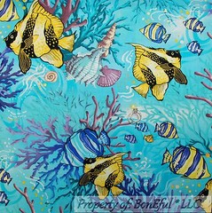 BonEful Fabric FQ Cotton Quilt Aqua Blue Scenic Water Tiger Fish Ocean Seashell
