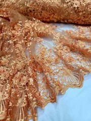 Orange 3D Flowers Beaded Lace Embroidered Mesh Fabric – Sold by the Yard