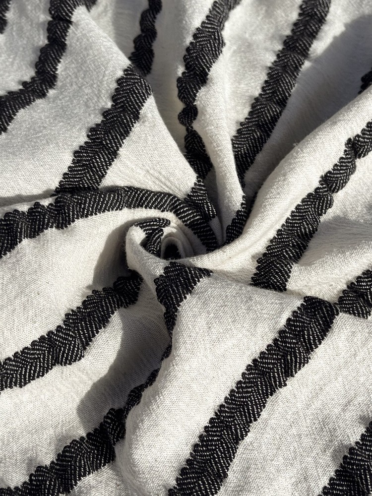 Organic Turkish Sile Cloth Crinkle Fabric w/ Black Herringbone Stripes/ 2 Yards.