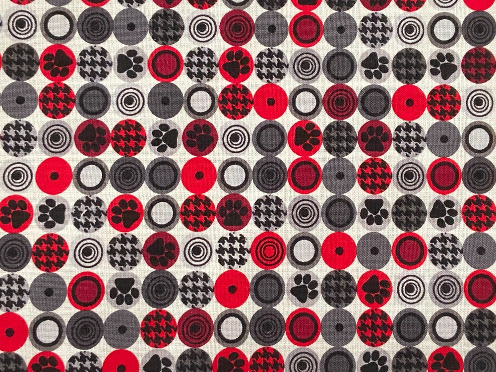 Great Scotts RED Black GRAY Houndstooth Dog Paw Circle Kanvas Cotton Fabric 1 yd