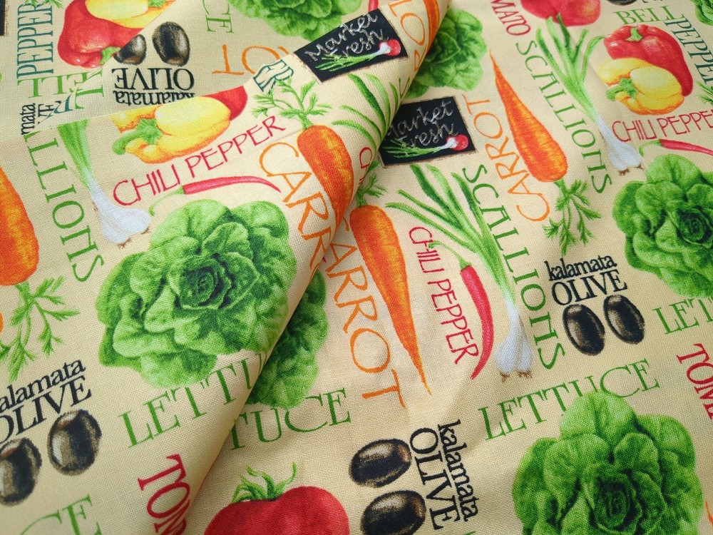 Farmers Market Vegetables Menu Cotton Fabric 44″ Wide By The Yard Precut Print