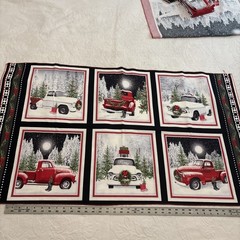 Christmas Red & White Truck Fabric 3 Panels For Quilting Read