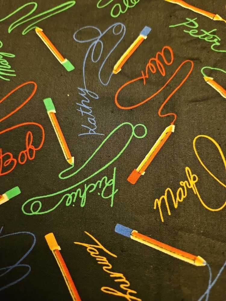 Cotton Fabric Coloring Pencils And Signatures On Black 4.25 Yards X 44″ Wide