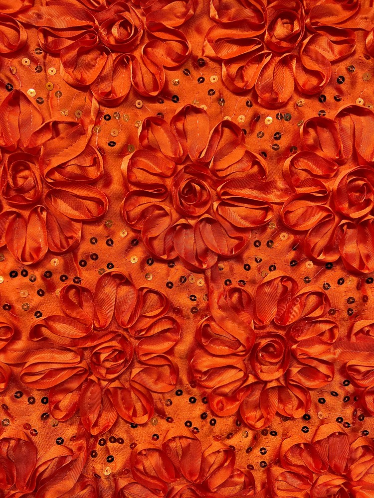 Allie ORANGE 3D Floral Polyester Satin Rosette with Sequins Fabric by the Yard
