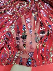 Fabric Sold By The Yard Red Beaded Lace Sequin Floral Embroidery Mesh For Dress