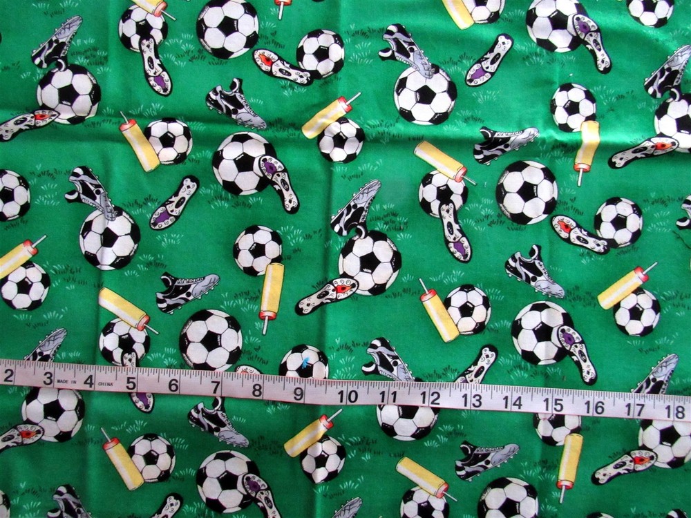 1/2 yd Cotton Fabric Green with Soccer Balls, Shoes & Water Bottle