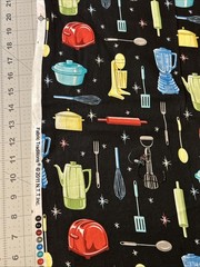 Kitchen Accessories On Black Fabric Traditions Cotton 1/2 Yard (18 By 44”) New