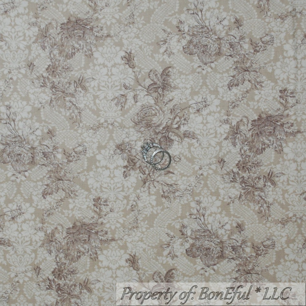 BonEful Fabric FQ Cotton Quilt VTG Tan Brown Cream Rose FLOWER Toile Shabby Chic