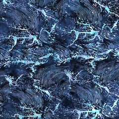 batik crashing waves navy blue aqua turquoise prewashed 100% cotton 1yd