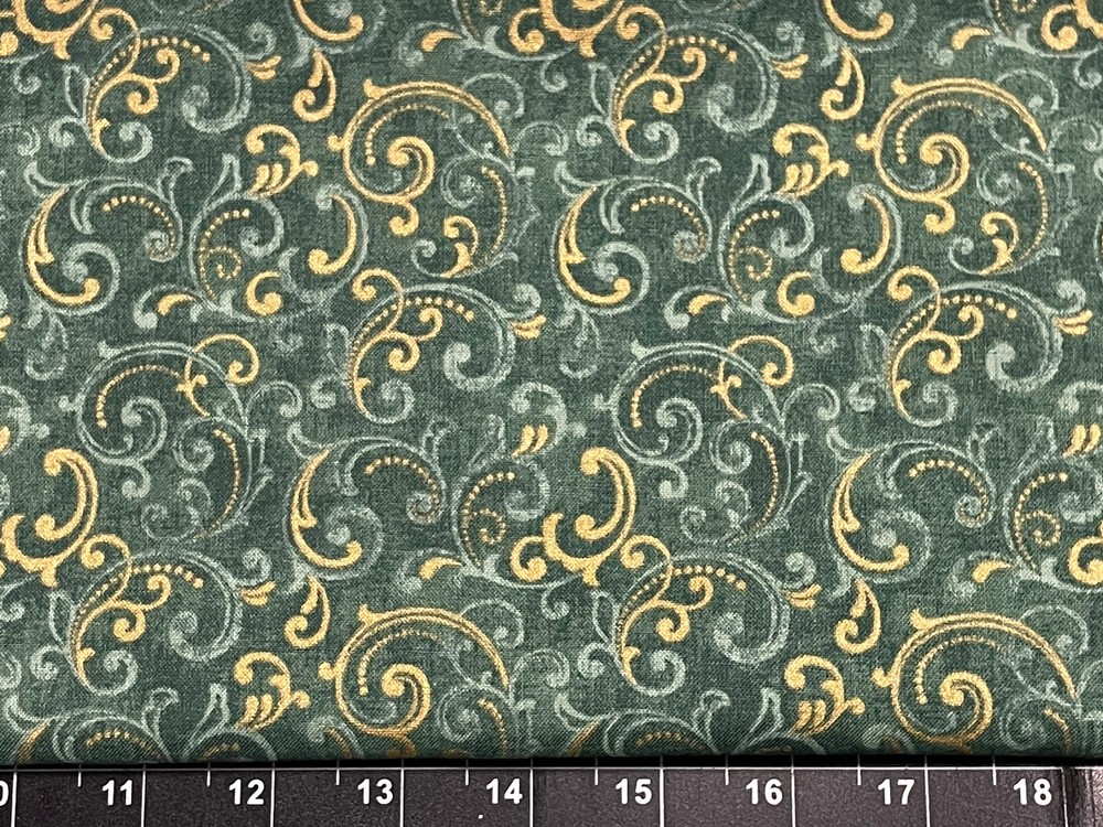 Tina Scrap 9″x21″ Swirl Gold & Green Spiral Flower Floral Cotton Fabric
