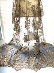 Brianna GOLD Polyester Floral Embroidery with Sequins on BLACK Mesh Lace Fabric