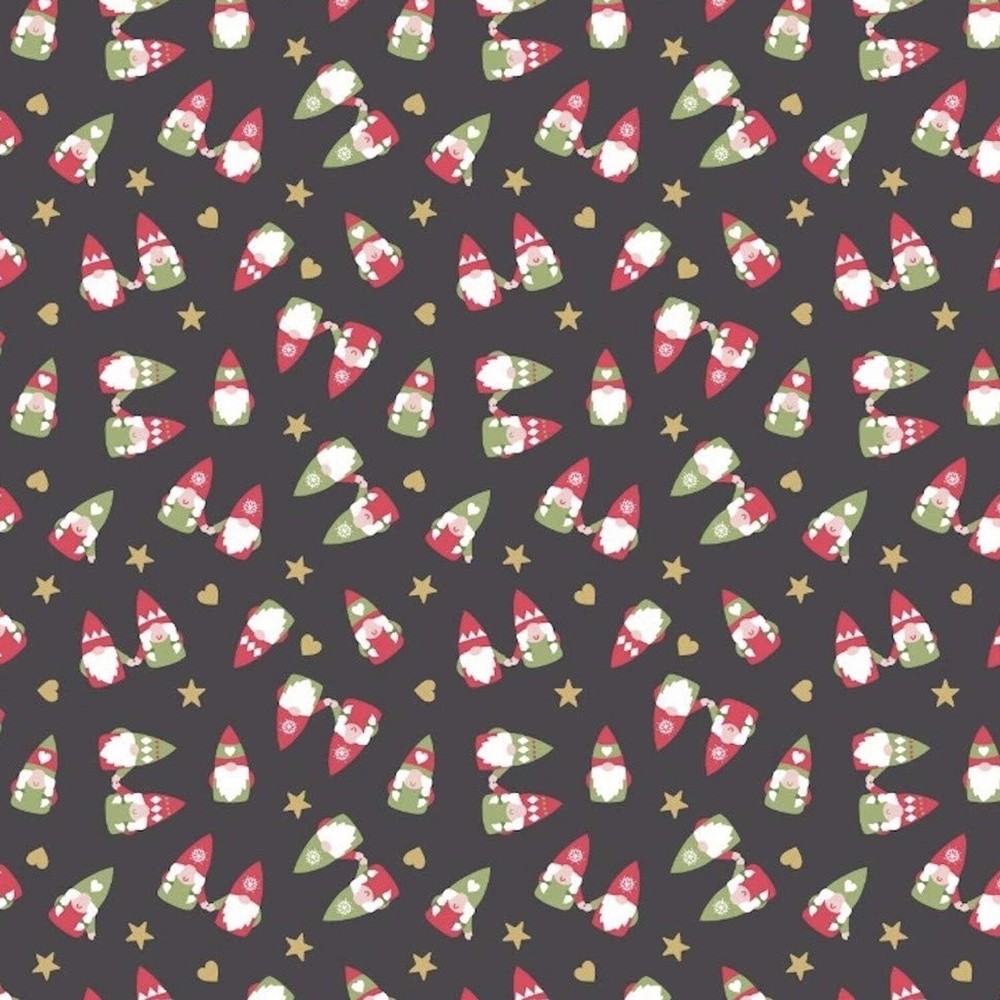 Christmas Scattered Tonttu Slate Black 100% Cotton Fabric by The Yard