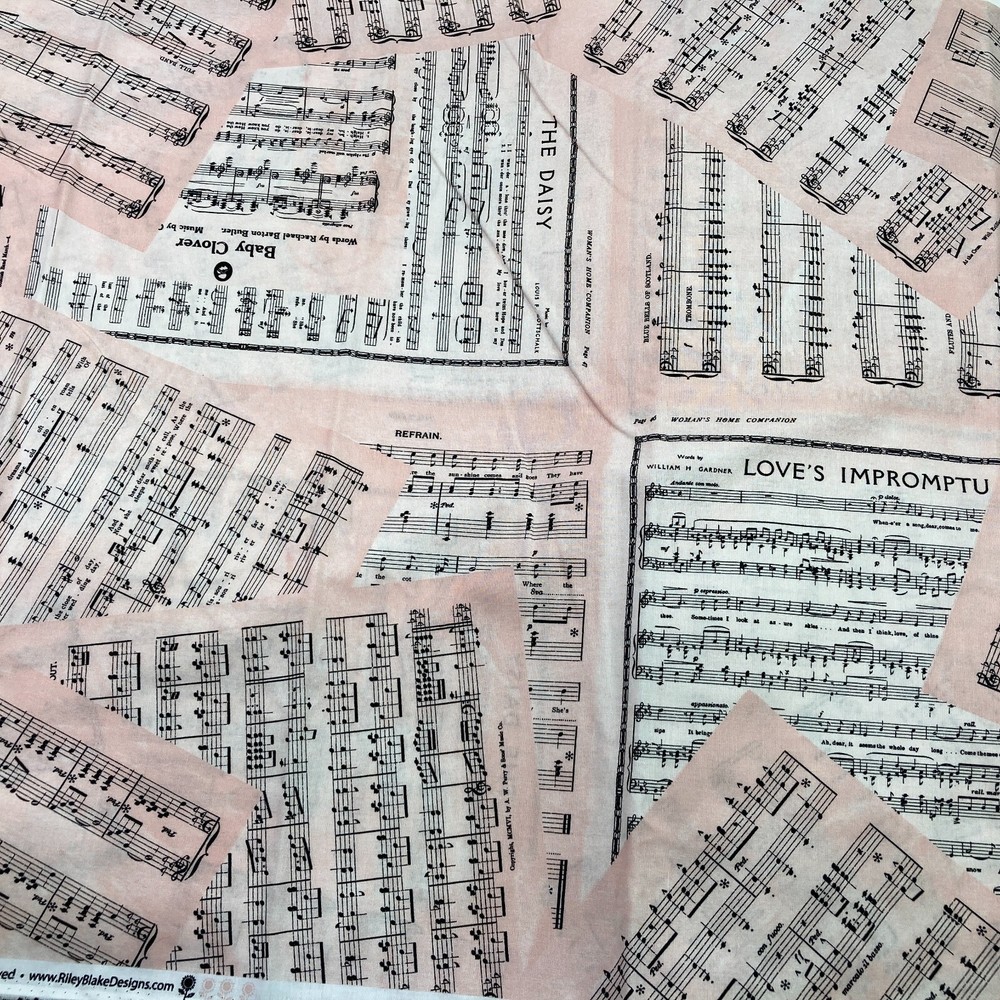 Sheet Music Fabric Blush Pink Vintage Style Art Journal J. Wecker Frisch BTY
