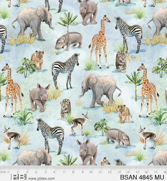 Baby Safari Animals Cotton Quilt Fabric P&B 4845-MU Elephant Rino Lion Hippo