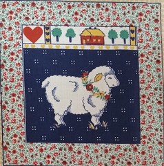 Vtg~Ameritex~”Farmhouse Friends”~”Sheep w/Flowers”~Cotton Fabric Panel~ 6.75″x7″
