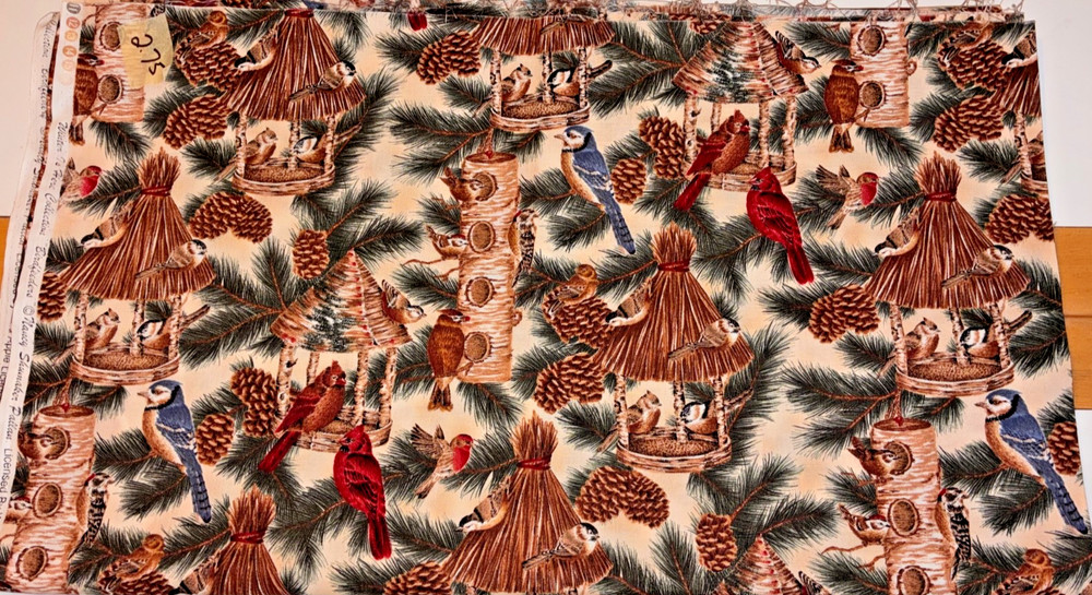 2 3/4 YDS COTTON FABRIC WINTER IS HERE BIRDFEEDERS KAUFMAN BLUE JAYS CARDINALS