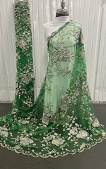 Green Gold Silver Rhinestone Embroidery Lace Fabric 50” Width Sold By The Yard