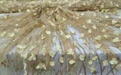 “Embroidered Fabric with 3D Flowers and Gold Lace – Sold by the Yard with Sequin