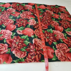 Christmas Floral Fruit Fabric Remnant 18×22 Poinsettia Rose Apple Green