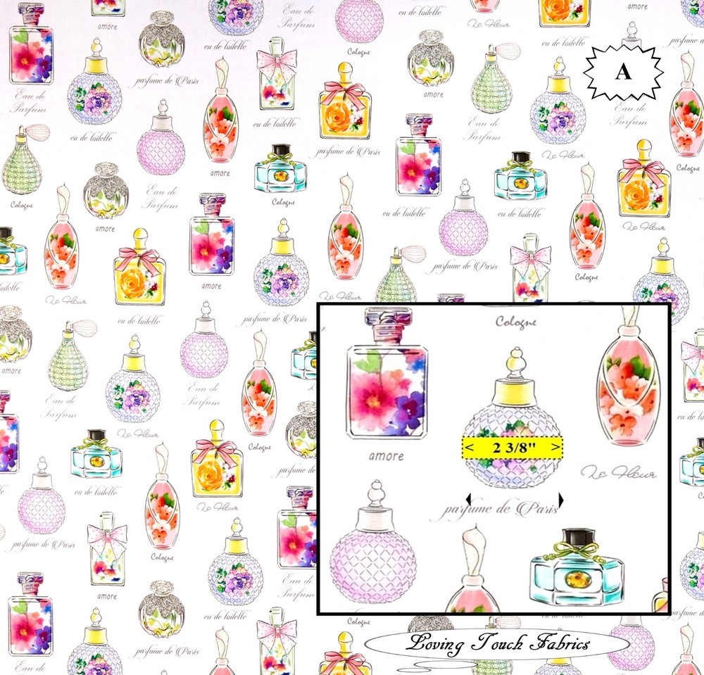 QT, INK & ARROW, “AMOUR DE FLEUR”, PERFUME BOTTLES, MANNEQUIN, FABRICS, BY 1/2 Y