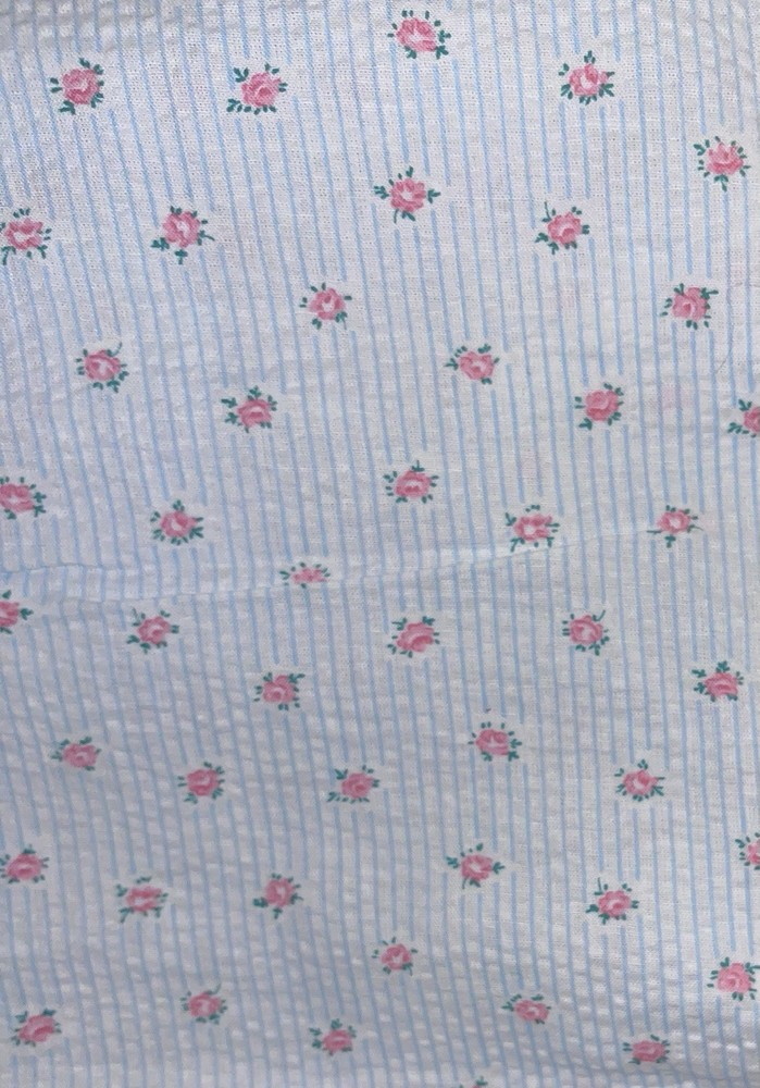 VTG 36″wide Stripes of Blue on White w/Tiny Pink Rose Pucker Print BTFQ