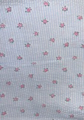 VTG 36″wide Stripes of Blue on White w/Tiny Pink Rose Pucker Print BTFQ