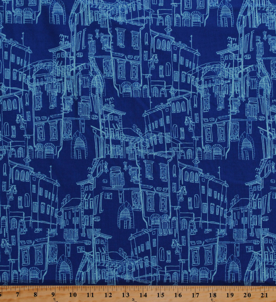 Paris City Buildings Sketches Travel France Blue Cotton Fabric Print BTY D380.15