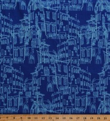 Paris City Buildings Sketches Travel France Blue Cotton Fabric Print BTY D380.15