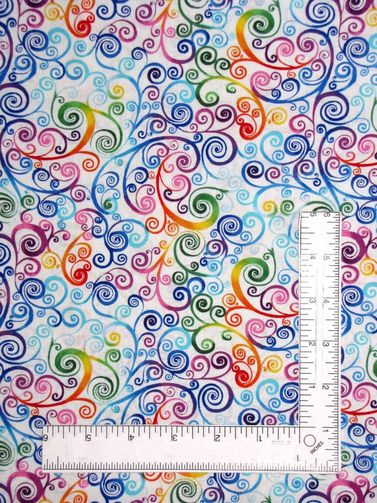 Rainbow Scrolls Fabric By The Yard Multicolor Swirls on White Cotton Hi Fashion