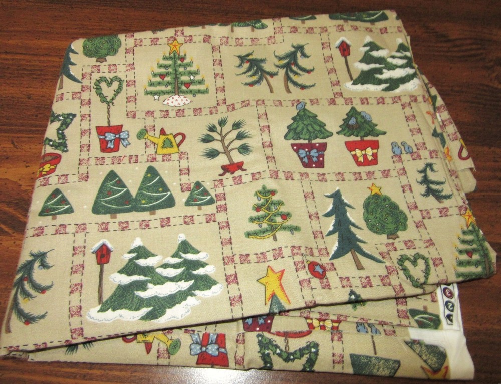 Vintage Sewing Fabric Primitive Christmas Trees Birdhouse Tan Backdrop 63″ x 45″