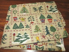 Vintage Sewing Fabric Primitive Christmas Trees Birdhouse Tan Backdrop 63″ x 45″