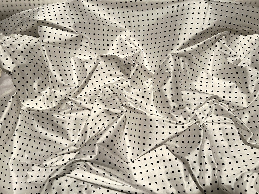 White/Black Printed Polka Dots Dupioni 100% Silk Fabric 44″ W, By Yard (TS-7471A