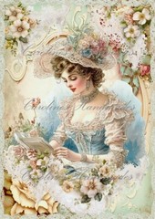Victorian Lady In Lace With Book Designer Cotton Fabric Quilt Block Multi-sizes