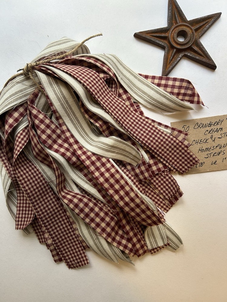 50 CRANBERRY & CREAM Check & Stripe Homespun Fabric Strips 1/2″x18″ or 1″ x 18″