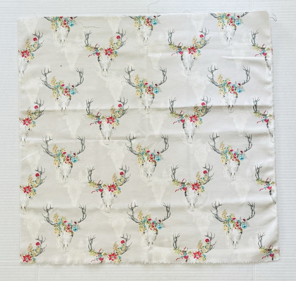 Hobby Lobby Fabric Floral Deer Antlers Skulls on White 1 Yard plus 22” x 44”