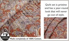 Red Orange Vintage Reversible 100% Cotton 3-Piece Quilt Bedding Set, Coverlet Be