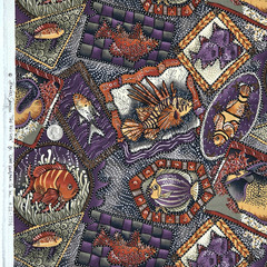 Faux Patchwork Exotic Fish Purple Sampou The Red Sea Kaufman Cotton Fabric 27″L