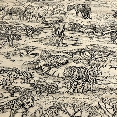 Classic Cottons Tigers Elephants Toile Black White Print Cotton Fabric 4 Yards