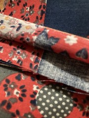 Cotton Fabric Red Navy Mustard Calico Printed Blocks 2Y No Selvedge One Side