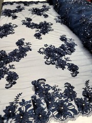 Navy Blue 3D Floral Embroidered With Rhinestones Mesh 3d Lace Fabric By The Yard