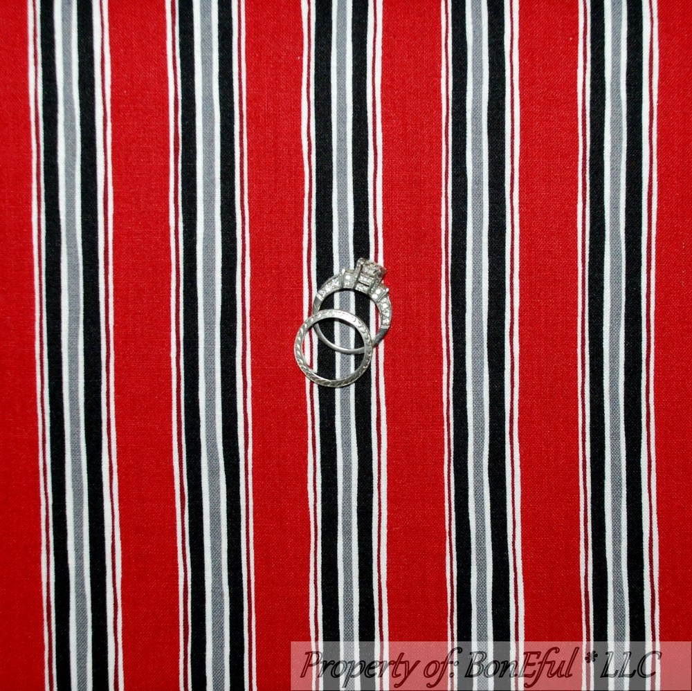 BonEful Fabric FQ Cotton Quilt Black B&W White Gray Red Ticking Stripe Valentine