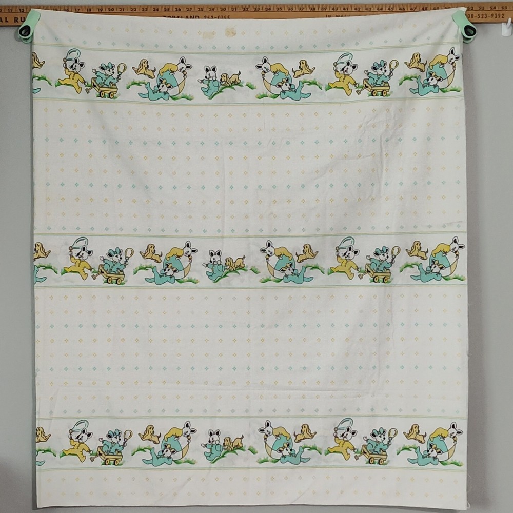 2 yd Vtg Playful Bunny Figures Yellow Turquoise Nursery Baby Cotton Fabric