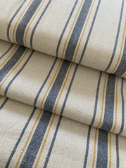 Grain Sack | Feed Sack Fabric | Blue & Mustard 5 Stripe | Beige Background