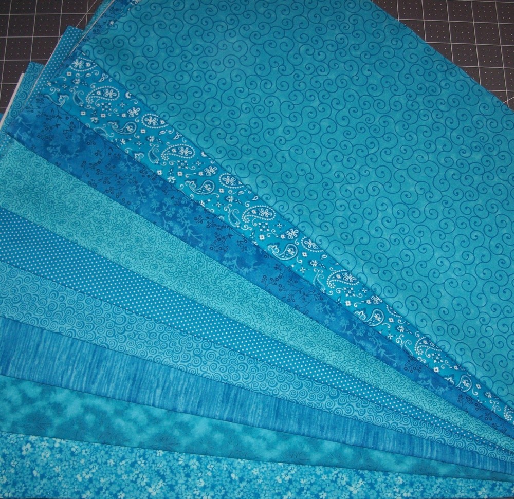 9 Fat Quarters Bundle Tonal Turquoise Blue tone on tone Fabric Precut